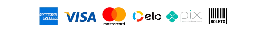 Formas de pagamento: American Express, Visa, Mastercard, Elo, Pix e Boleto